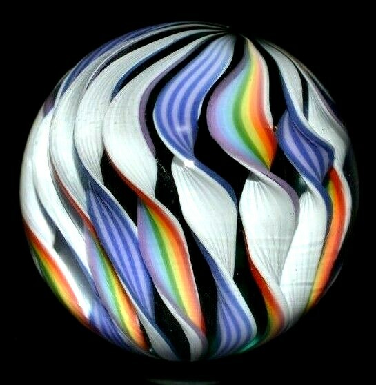 BRYAN TRILLAS GLASS MARBLE/1.331″-14 CANE RAINBOW FILIGRANA-BOULDER LAVENDER,RED