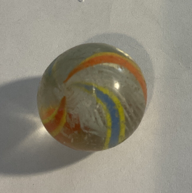 Vintage White Latticino Caged Swirl Marble Blue Orange Yellow Shooter 7/8″