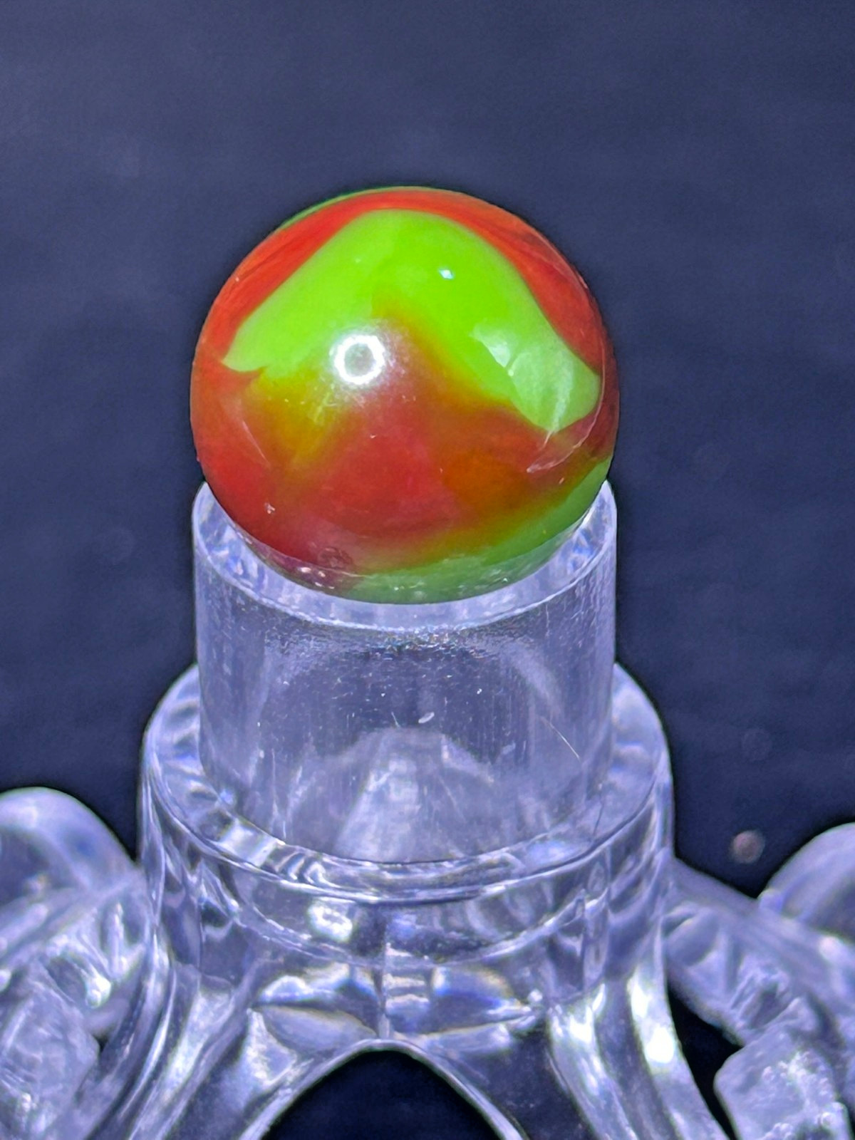 Vintage Peltier NLR Flaming Dragon Marble, Green Base/Red, .59″, Mint, #P19