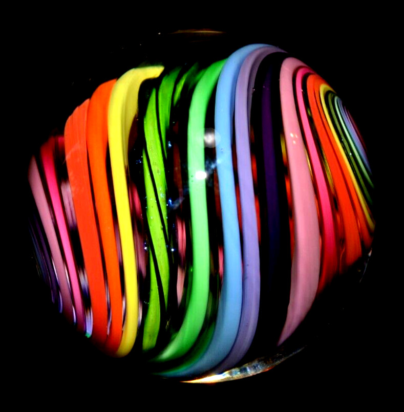 EDDIE SEESE GLASS MARBLE/1.829″-FILIGRANA JOSEPH’S COAT RAINBOW DT-GREEN,TURQ.+