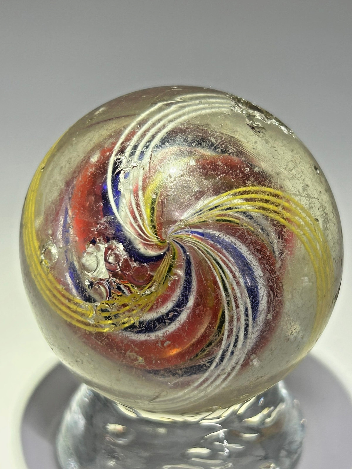 Antique German Divided Core Marble w/ Latticino Clusters 1-27/32″ NM E3.18