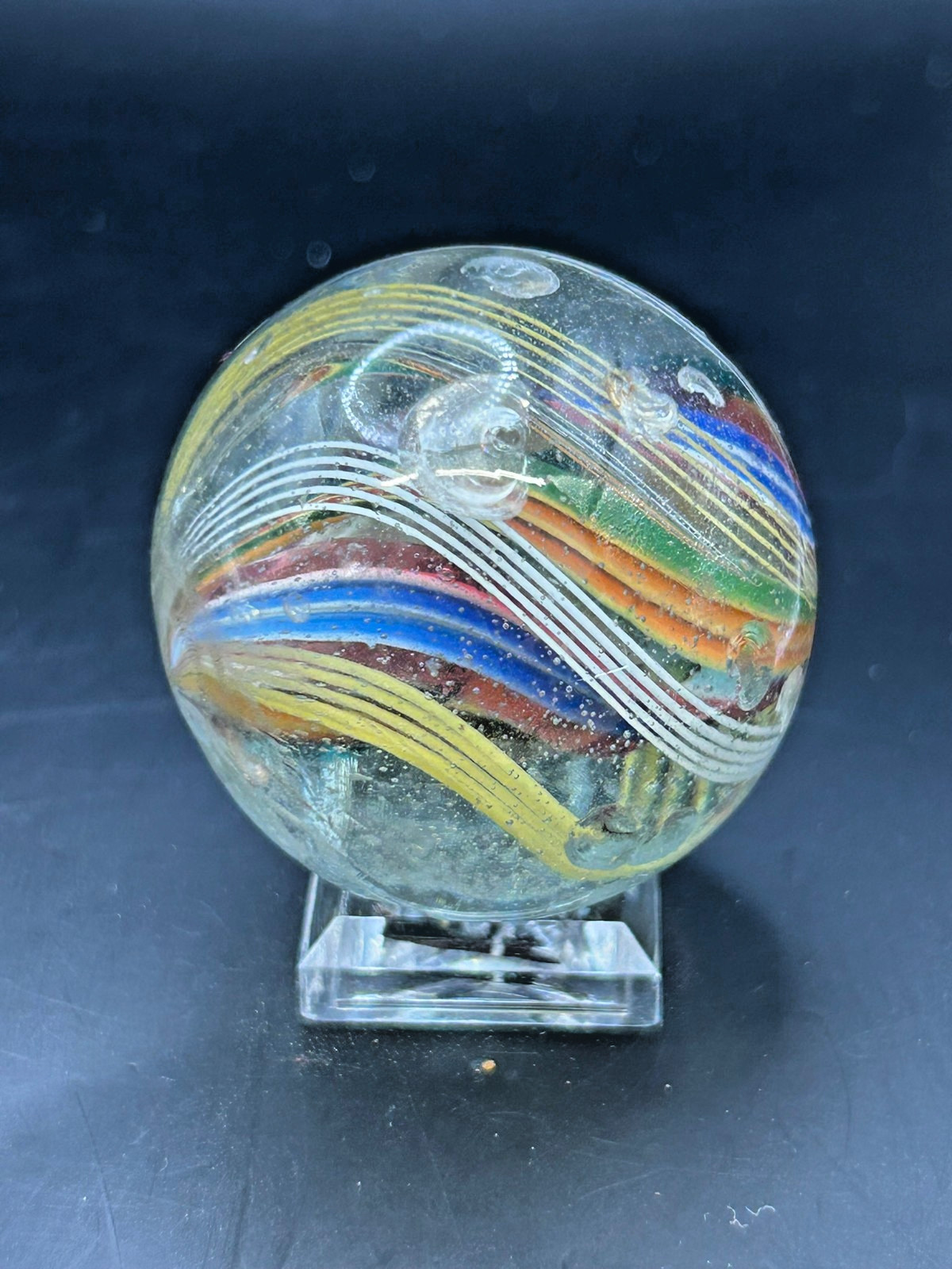 Antique German Divided Core Yellow White Latticino Marble 1 9/16″ NM- E3.2