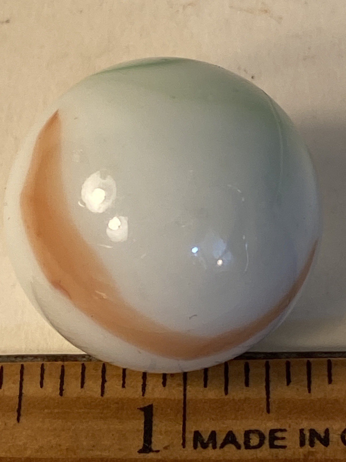 Vintage Shooter Marble Green White Yellow Red Swirl Opaque Glass 7/8”