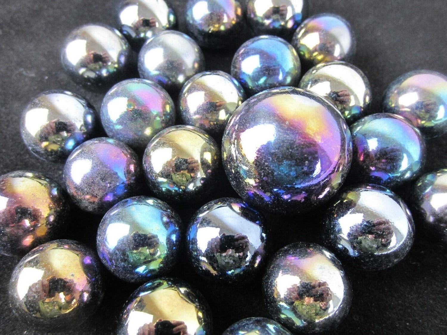25 Glass Marbles METEOR Metallic Iridescent Silver/Gold/Purple game pack Shooter