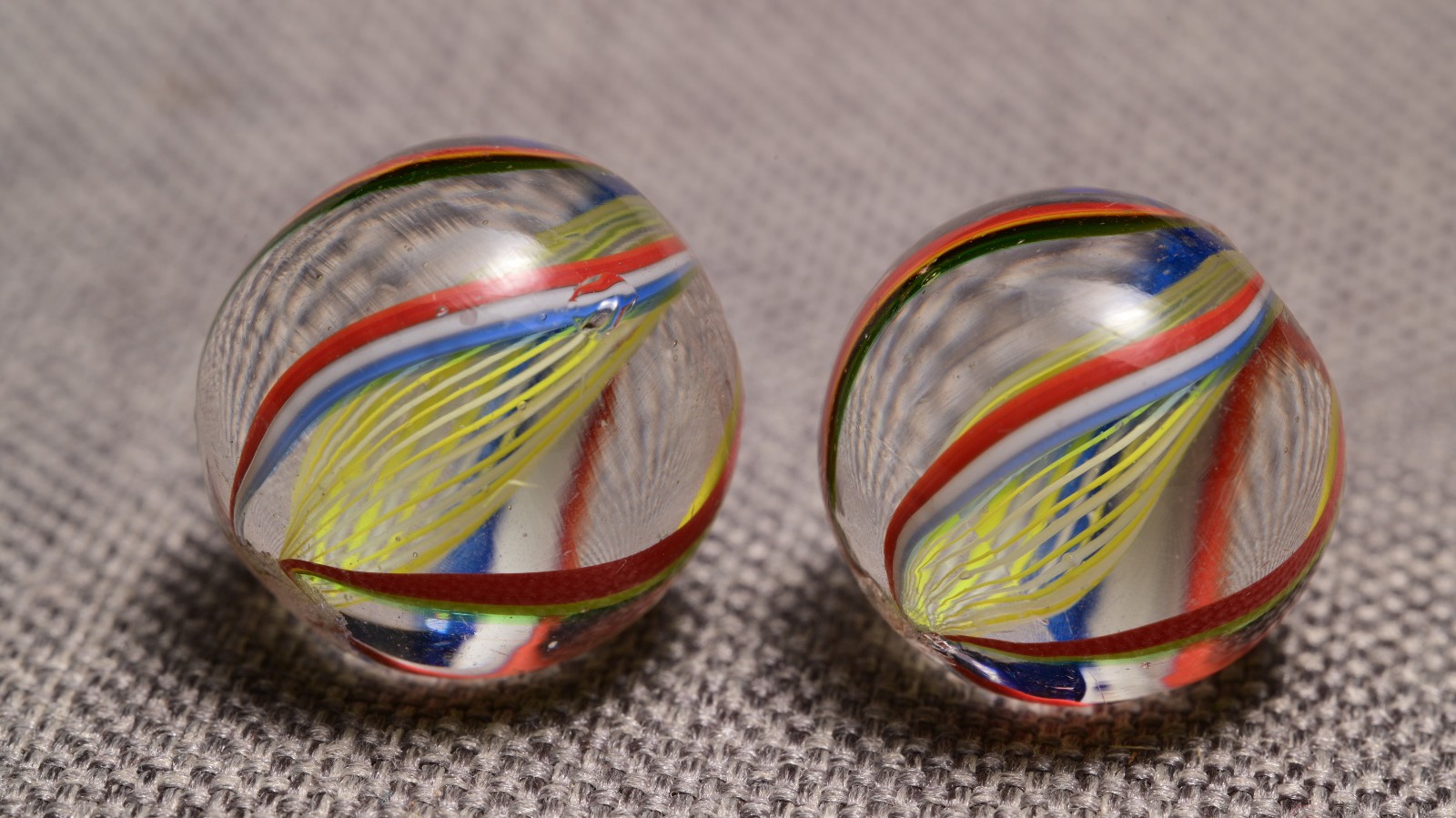 Same Cane Pair Bicolour Latticinos German Handmade Antique Marbles 21/32”