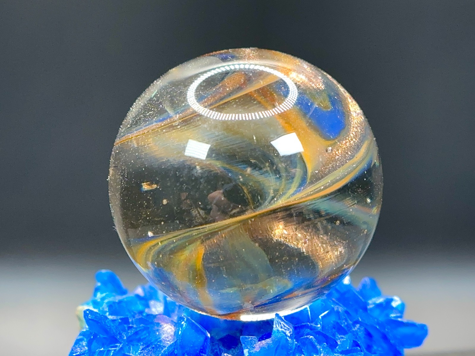Big Contemporary Handmade Glass Marble – Gold Lutz Mist Ribbon Core – 1.19″ Nice