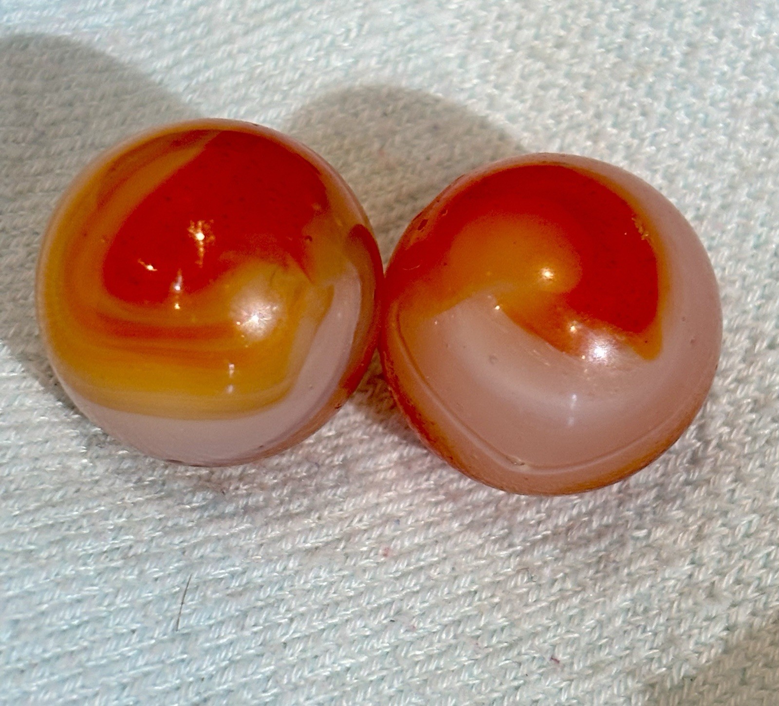 PAIR (2) Vintage Akro Agate Corkscrew Marbles Tri Color Orange White Red 0.72”