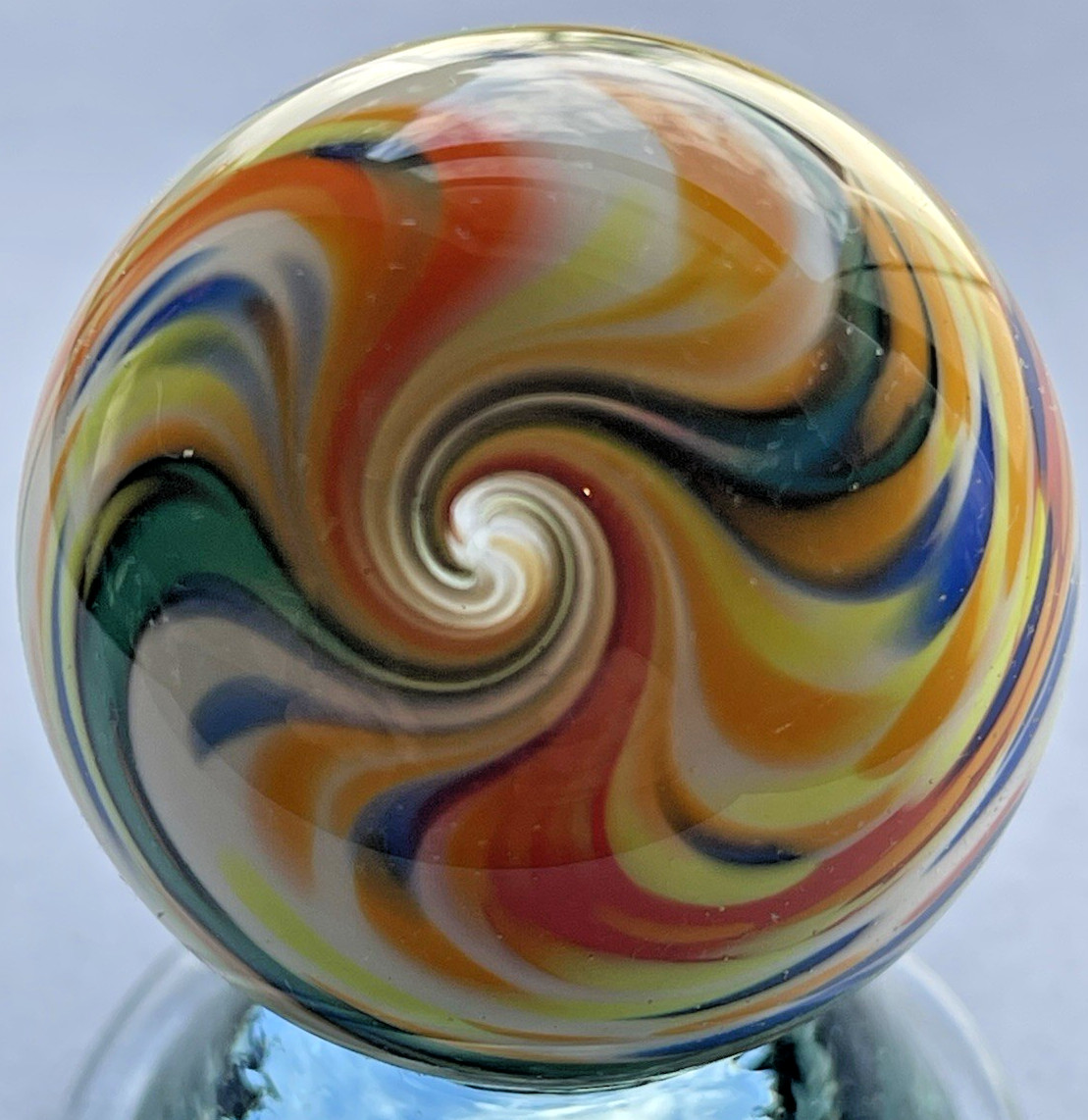 2015 RICK DAVIS MARBLE CONTEMPORARY GLASS ART 1.52″ ORANGE WHITE GREEN BLUE
