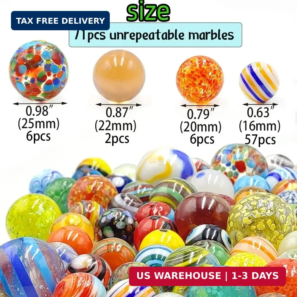 DSHMIXIA 71pcs Assorted Marbles for Kids Handmade Big and Small Glass Marbles Bu