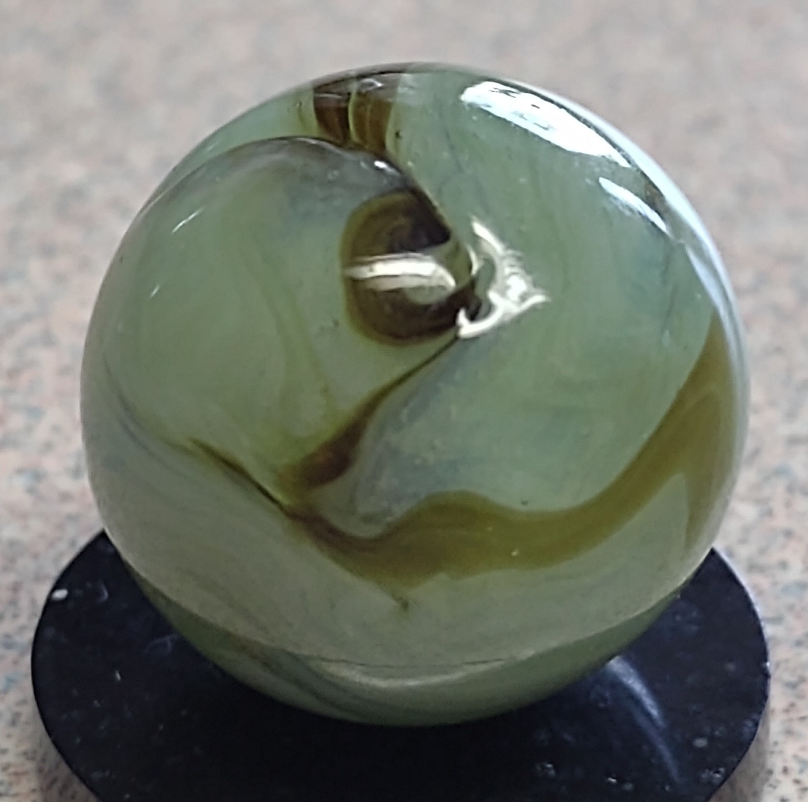 Heaton Agate Swirl marble-.63″ Near Mint+, Lt Green Transl. base-Brown swirl