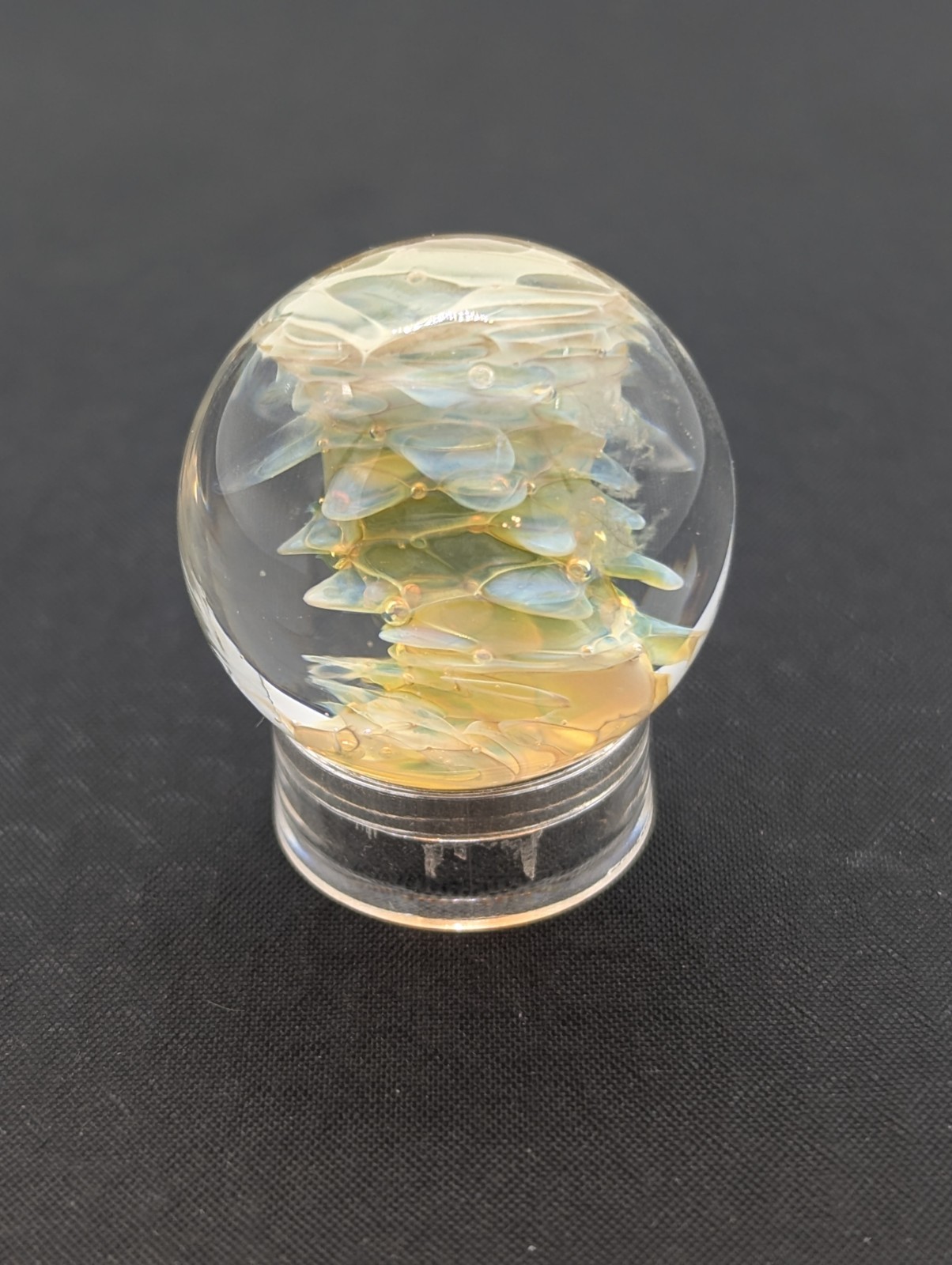 Handmade Glass Marble Iridescent Blue & Yellow Implosion Art 22mm COTTAGECORE