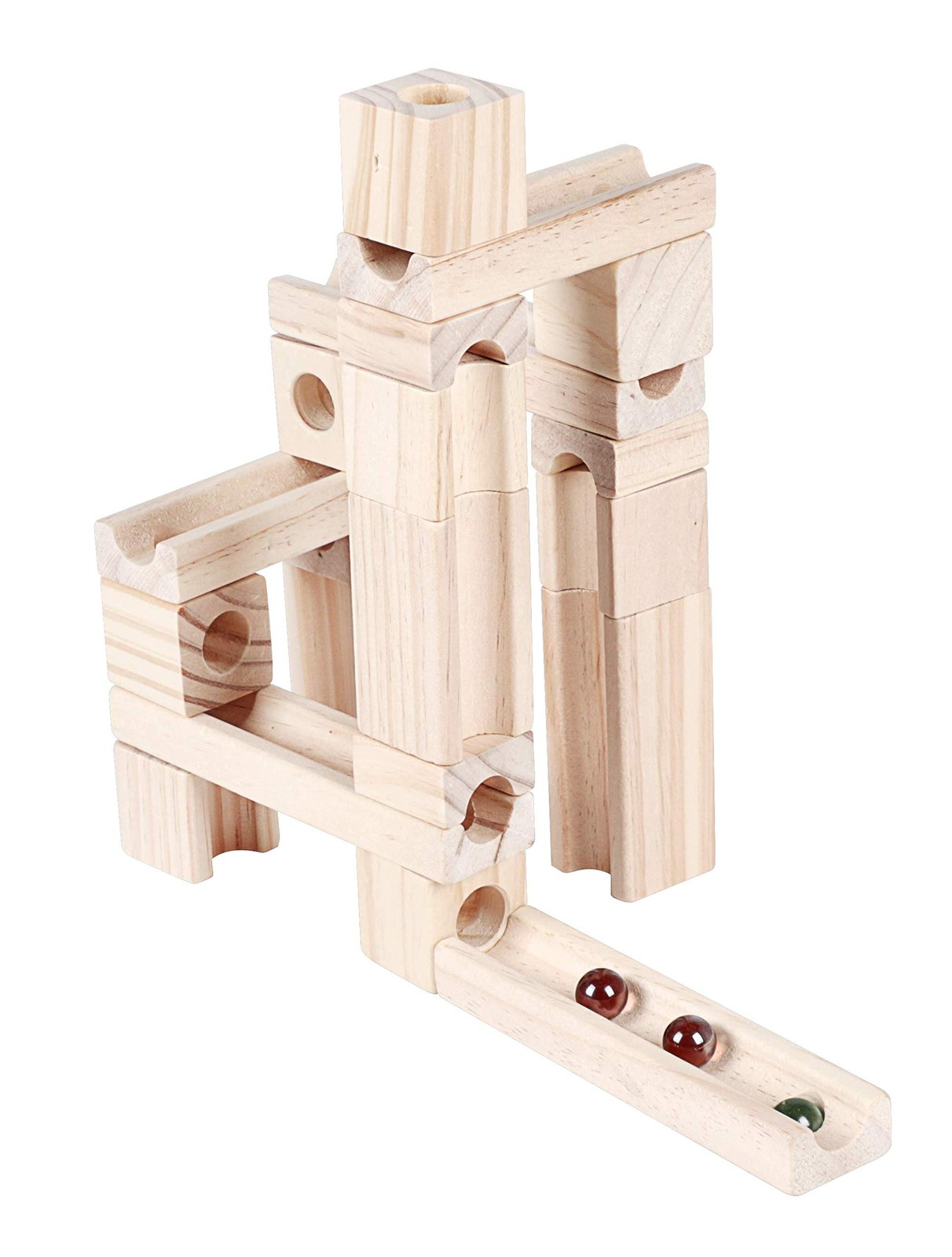Golden Age Marble Run Toys, 60 Pieces Wooden Classic Ramps 60, Light Brown