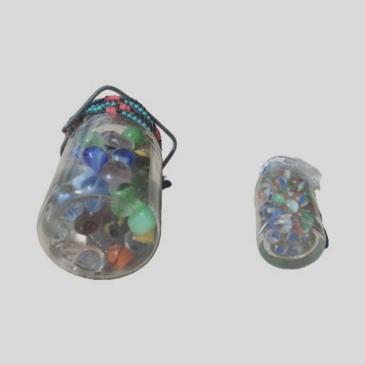 2 Small Glass Jars filled w/123 total Vintage Glass Marbles, Glass Hearts