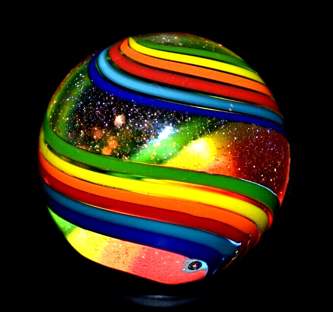 JAMES ALLOWAY GLASS MARBLE/1.236″-DICHROIC DOUBLE SWIRL #3560-LIME,YELLOW,ORANGE