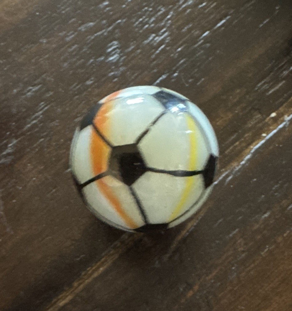 Hand-Painted Soccer Ball Marble Shooter– 24.9mm– White Base with Colored Ribbons