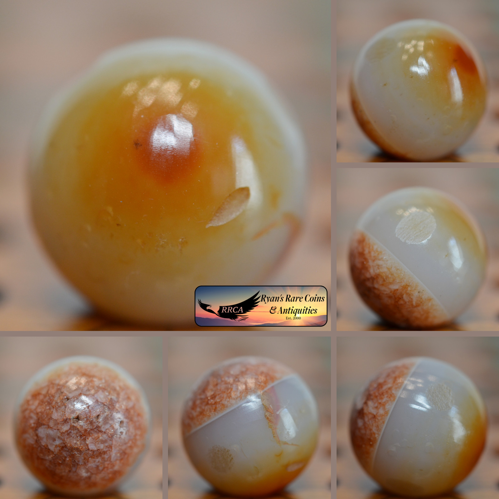 Handmade Bullseye Faceted Agate Marble, 0.83 in, NM+, Germany, 1860-1920, S1565