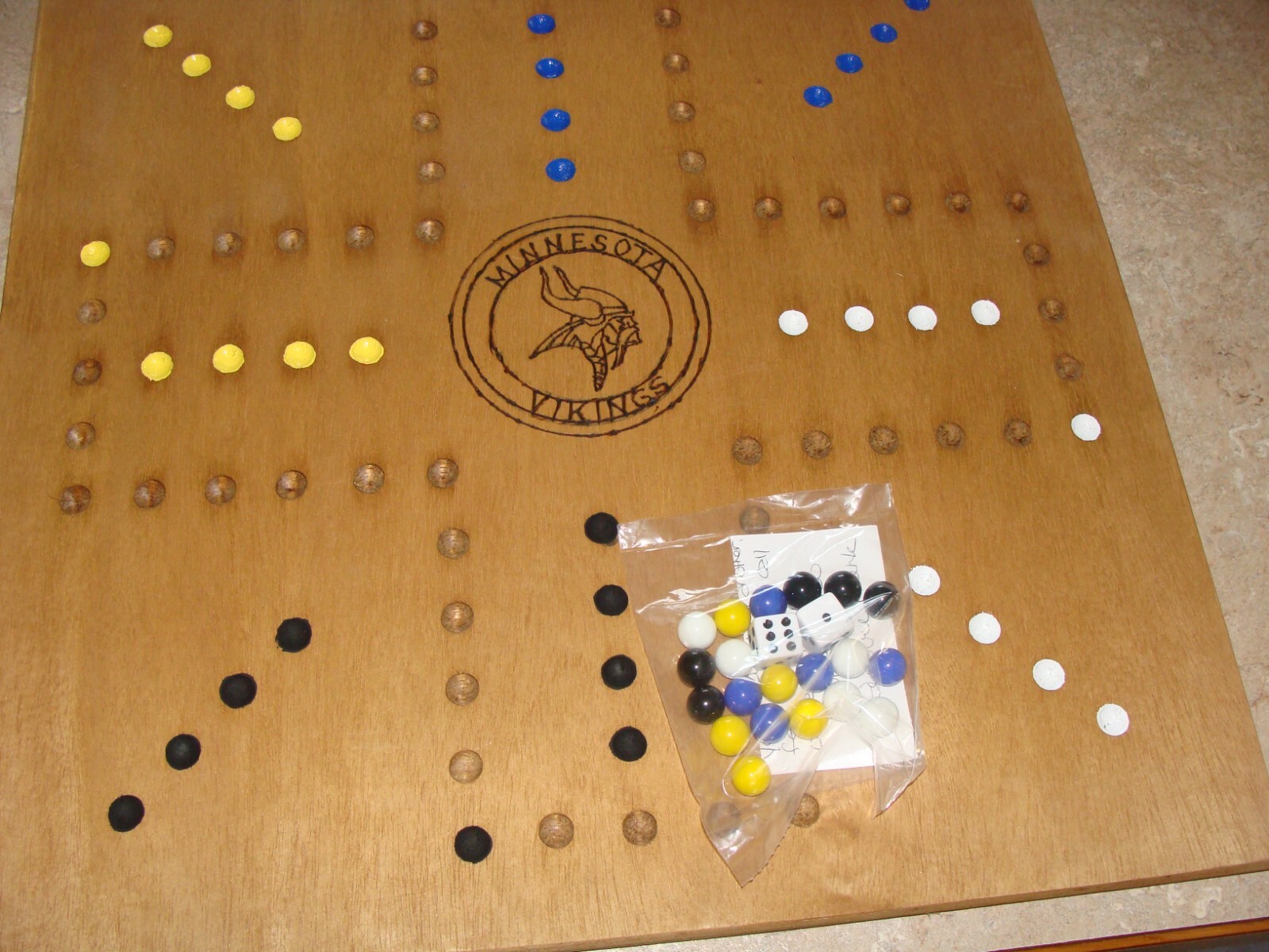 Minnesota Vikings Wood Marble Board Game 2 to 4 player. Wood Burn Logo