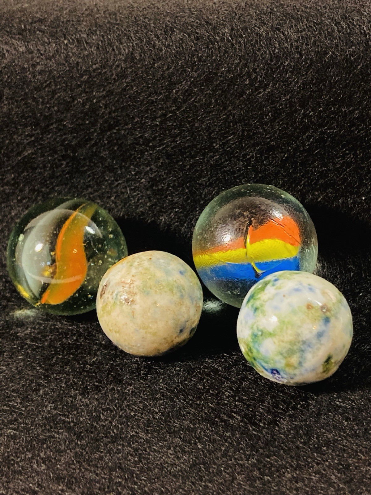 2 ANTIQUE VINTAGE BENNINGTON MARBLES FANCY MULTICOLORED 1800’s HANDMADE GLAZED