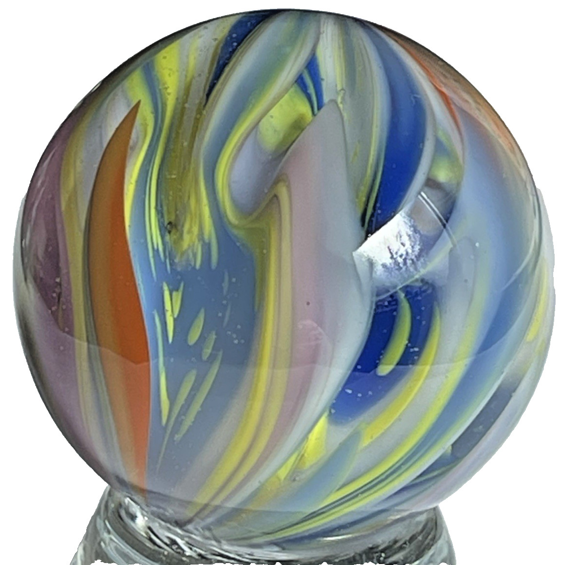 2014 RICK DAVIS MARBLE HANDMADE GLASS ART 1.48″ ORANGE BLUE PURPLE YELLOW MIX