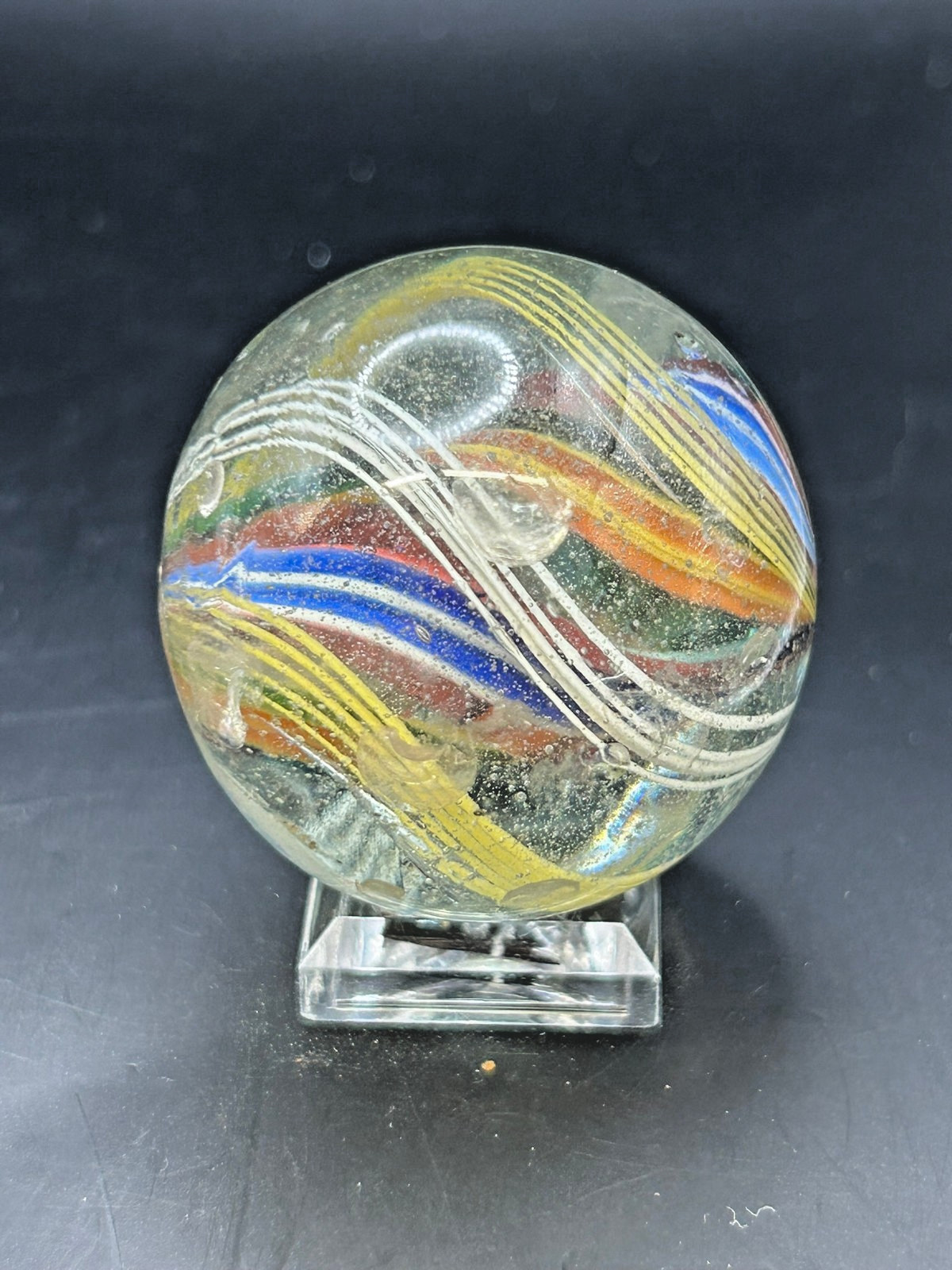 Antique German Divided Core Yellow White Latticino Marble 1 9/16″ NM- E3.2