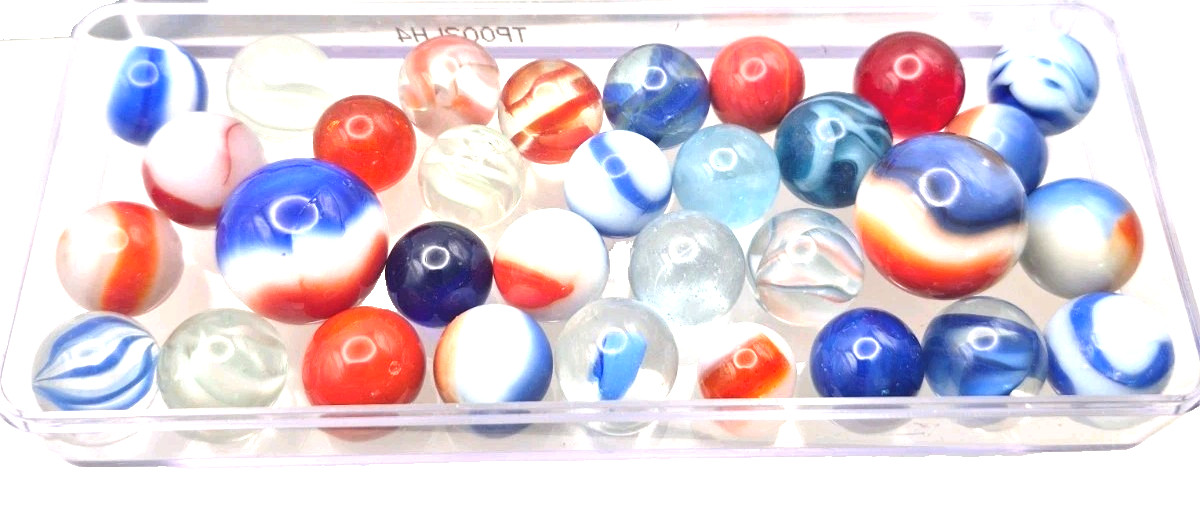 Vintage Assorted Patriot Red White Blue Glass Marbles Shooter Target Size 32pc.