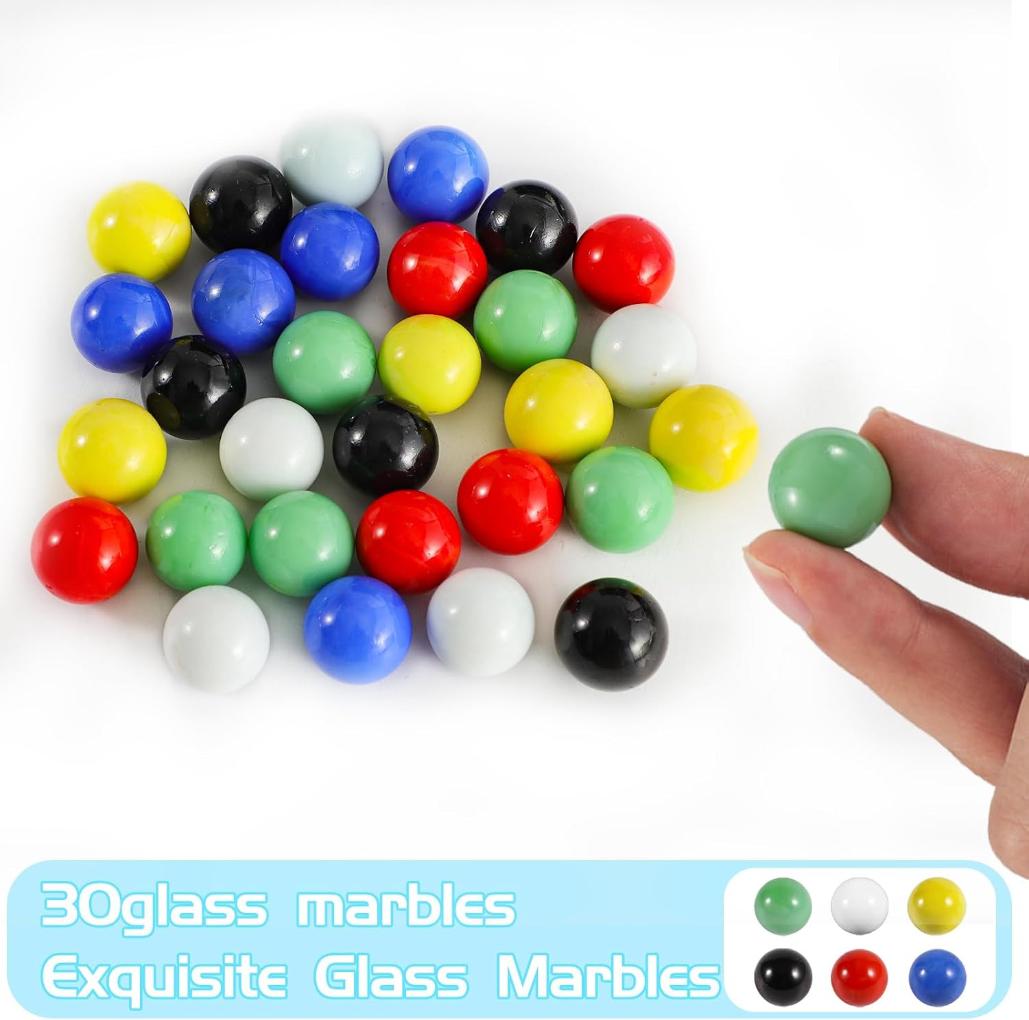 30 PCS Glass Marbles 6 Colors for Wahoo Marble Games and 6 Dices (0.63Inches)