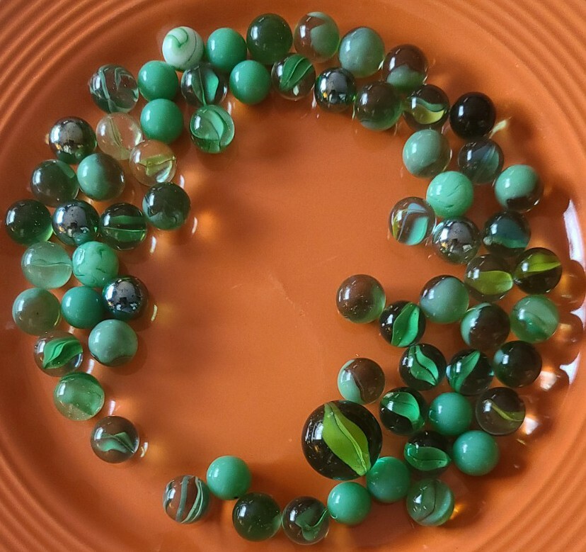 66 Assorted Green ~ Clear ~ Solid ~ Swirl ~ Glass Marbles +1 Large Shooter ~ 18