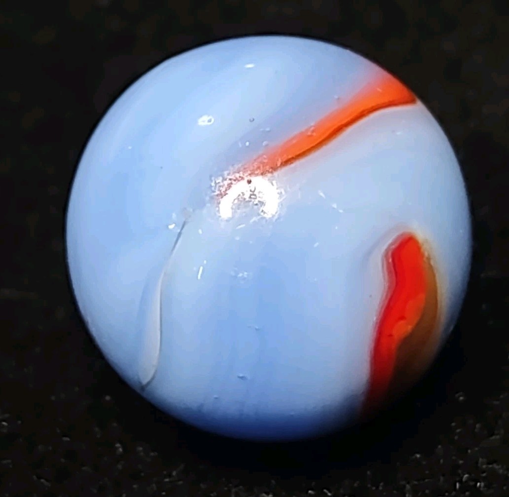 Robin Egg Blue w/ Orange 🔥 Red Peltier Rainbo Glass Vintage Marble .63″ Toy