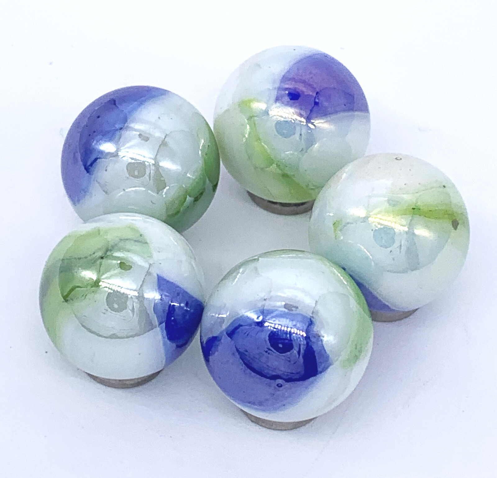 16mm Comet Glass Mega Marbles Players Pk 5 White w Blue & Green Vacor Iridescent
