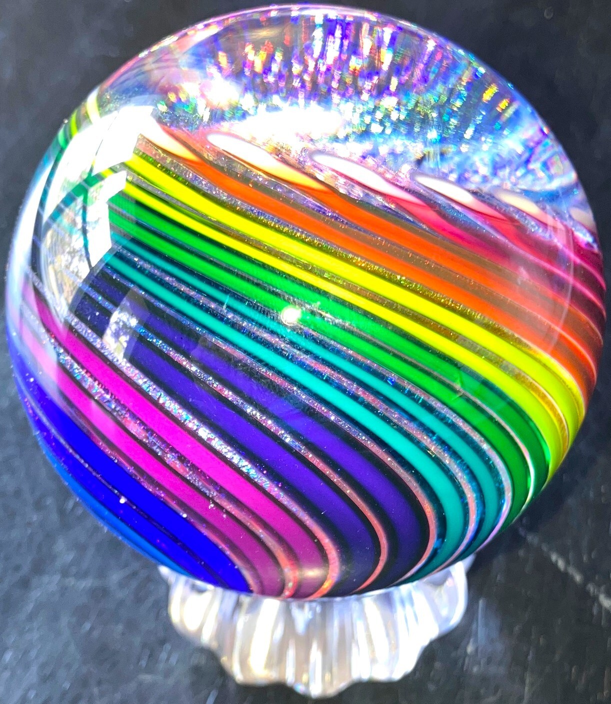 JAMES ALLOWAY Art GLASS MARBLE + STAND 2.87″ Huge DICHROIC RAINBOW VORTEX Signed