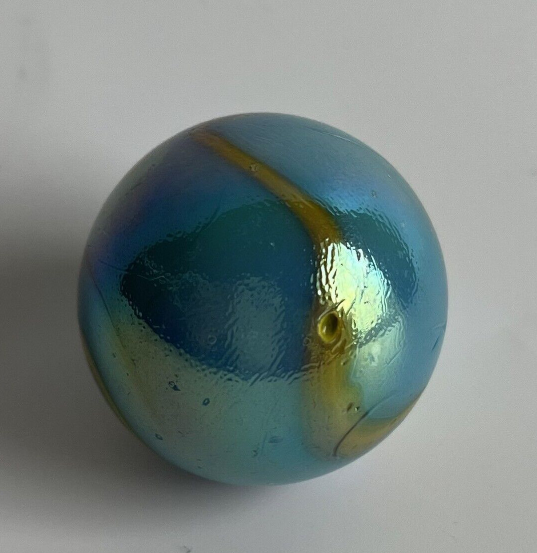 Large Iridescent Blue & Mustard Color Abstract Swirl Glass Shooter Marble