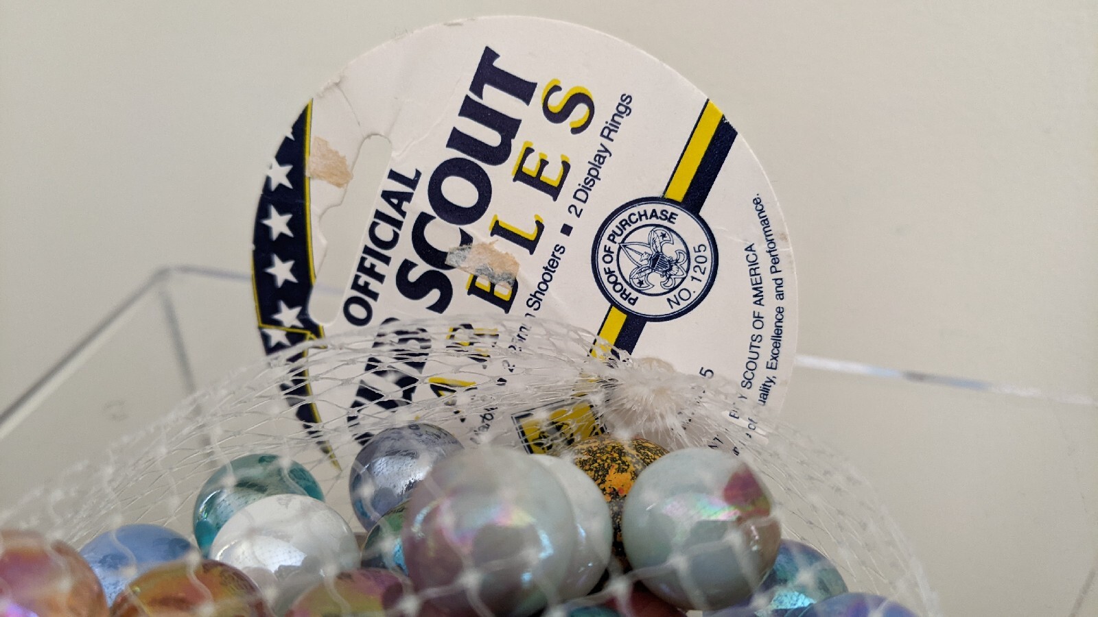 Net Bag of Vtg Boy Scouts America Cub Scout MARBLES — 80 16mm + 2 25mm Shooters