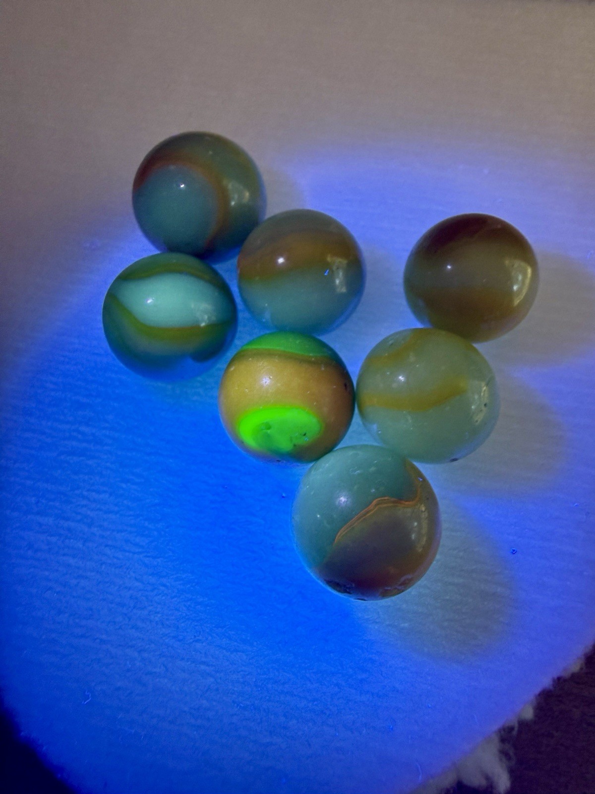 Vintage Akro Agate Slag Swirl Marbles – 13pc UV Reactive Oxblood Neon Orange