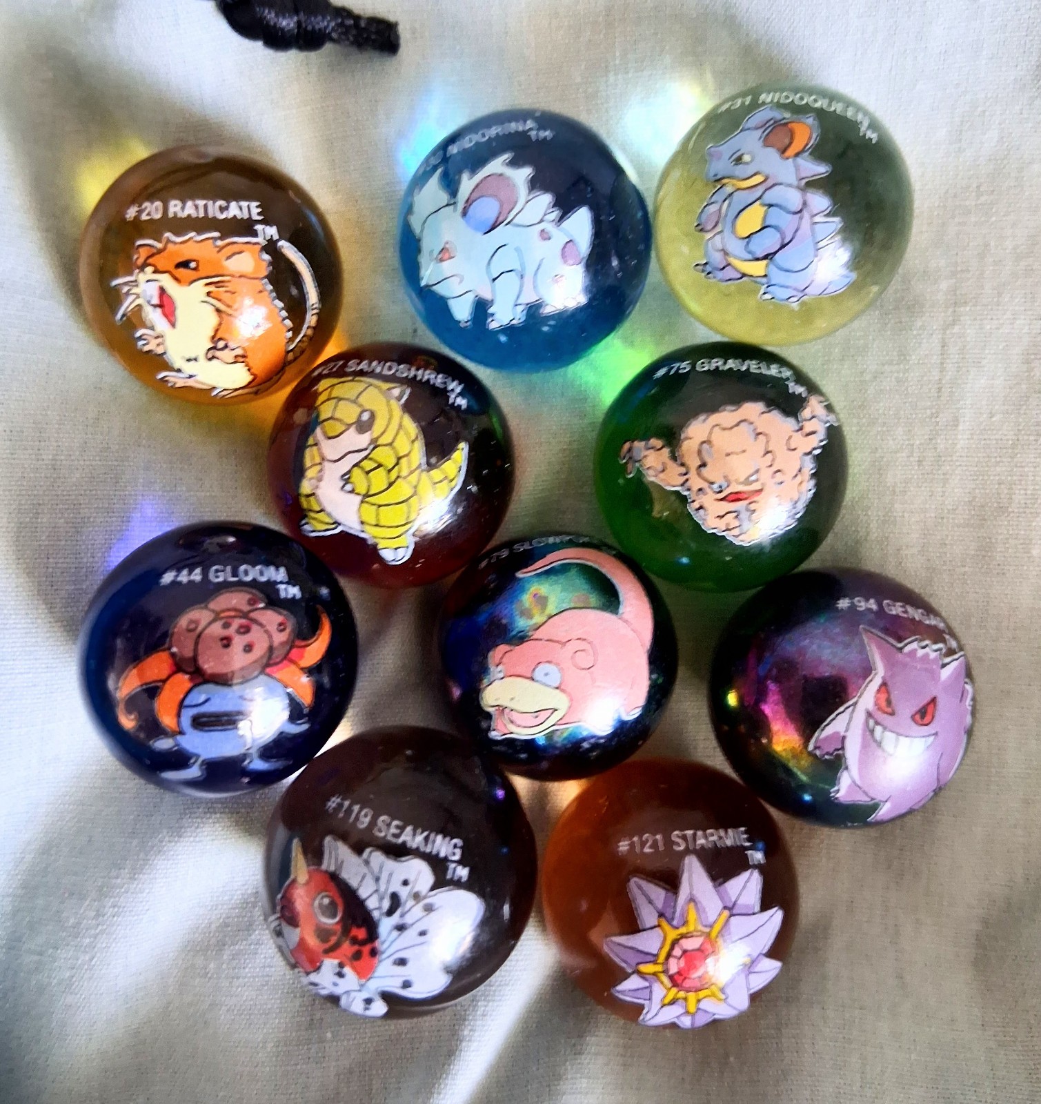 Vintage Pokemon Marbles Set of 10 w/ Blue Eevee Cloth Drawstring Bag 1999