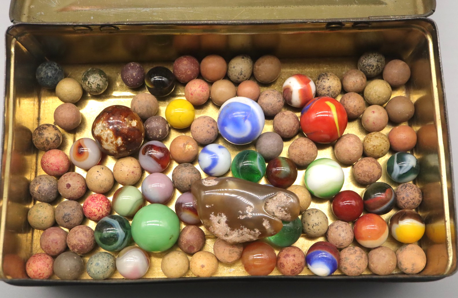 RARE Antique Marble Lot Handmade Glass Clay Marbles Vintage Tin Toy Game