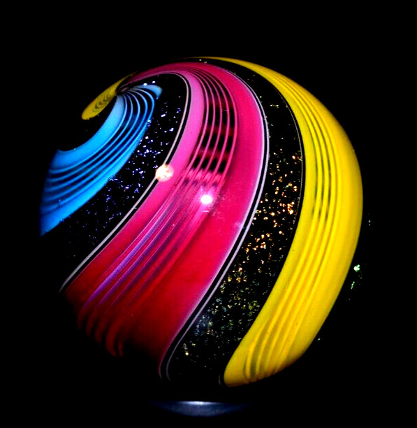 HOT HOUSE GLASS MARBLE/1.490″-TRIPLE DICHROIC LATTICINIO-CRIMSON, TURQ,SUNFLOWER