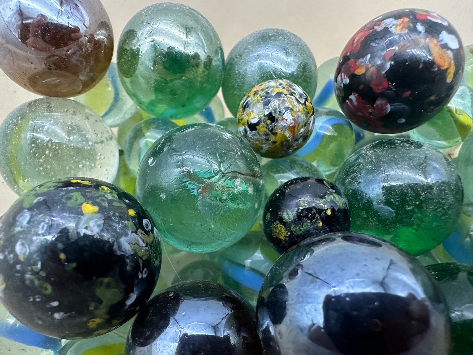 Vintage Confetti Swirl Speckled Silver Clear Glass Marbles Mixed Lot