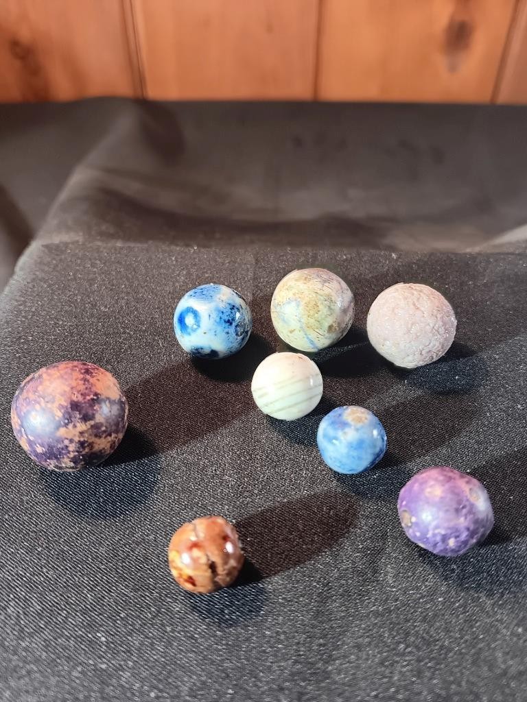 Eight Colorful Antique Pre Civil War Salt Glazed Clay Marbles 3/8″ to 3/4″ A959