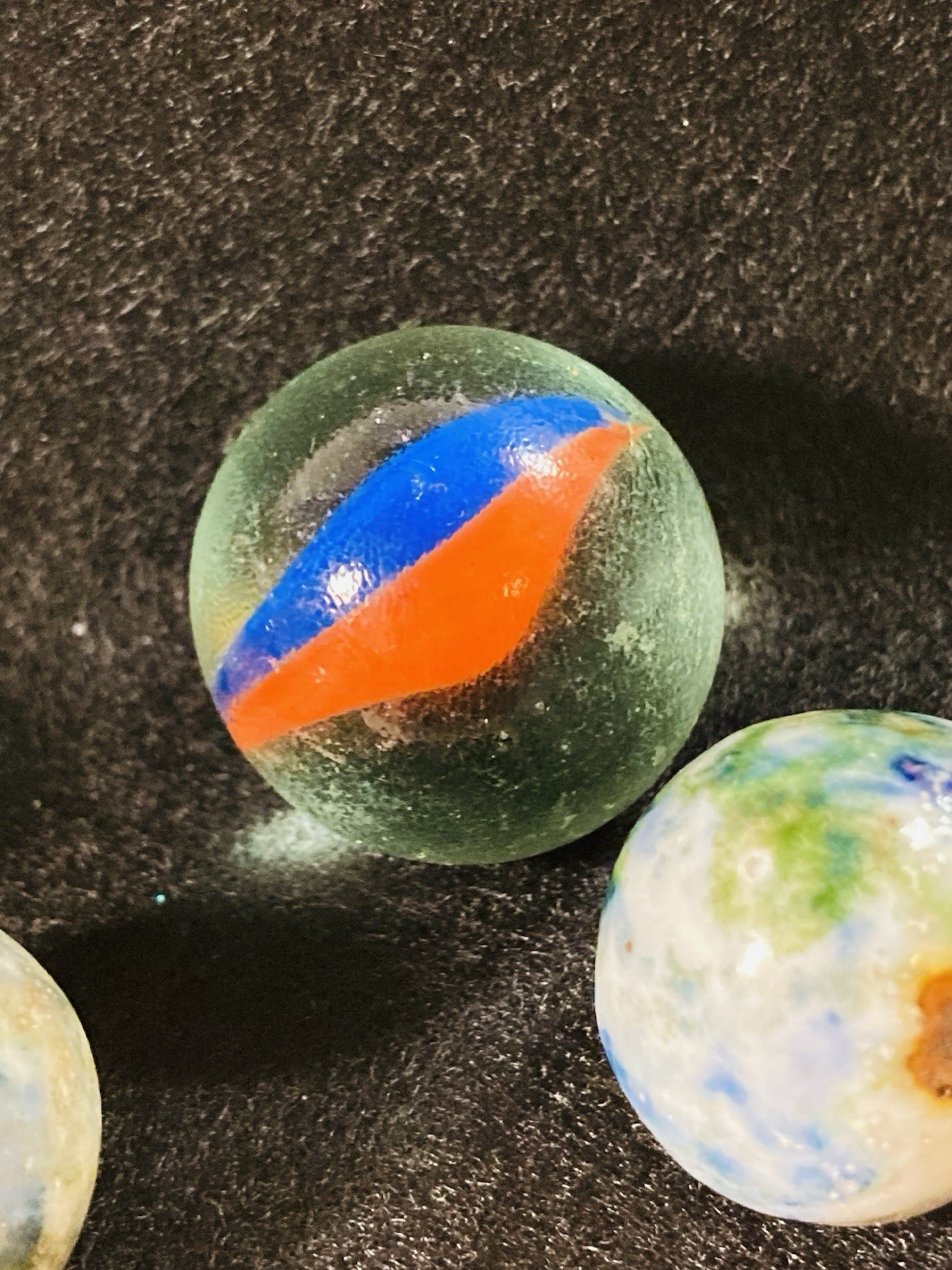 2 ANTIQUE VINTAGE BENNINGTON MARBLES FANCY MULTICOLORED 1800’s HANDMADE GLAZED
