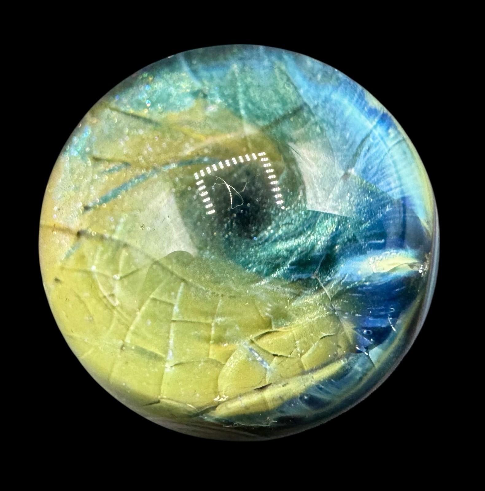 Contemporary Handmade Art Glass Marble 1.23″ Blue Green Purple Planet Crackle