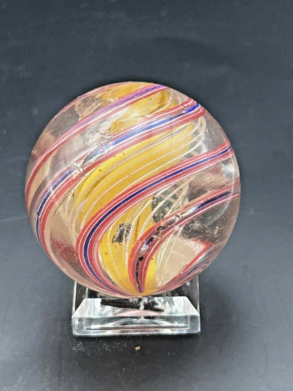Antique German 3 Stage Solid Core Latticino Ribbon Marble 1 15/32″ NM+ E3.1