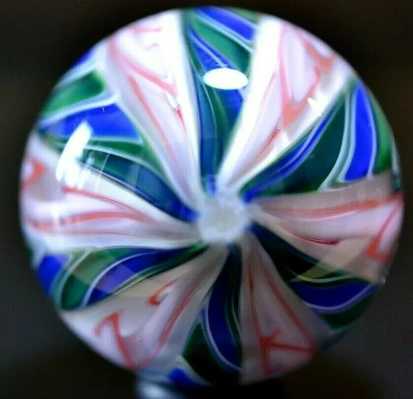 FRITZ LAUENSTEIN GLASS MARBLE/1.623″12 CANE SPECIAL CROWN MARBLE-ROYAL,LIME,ROSE
