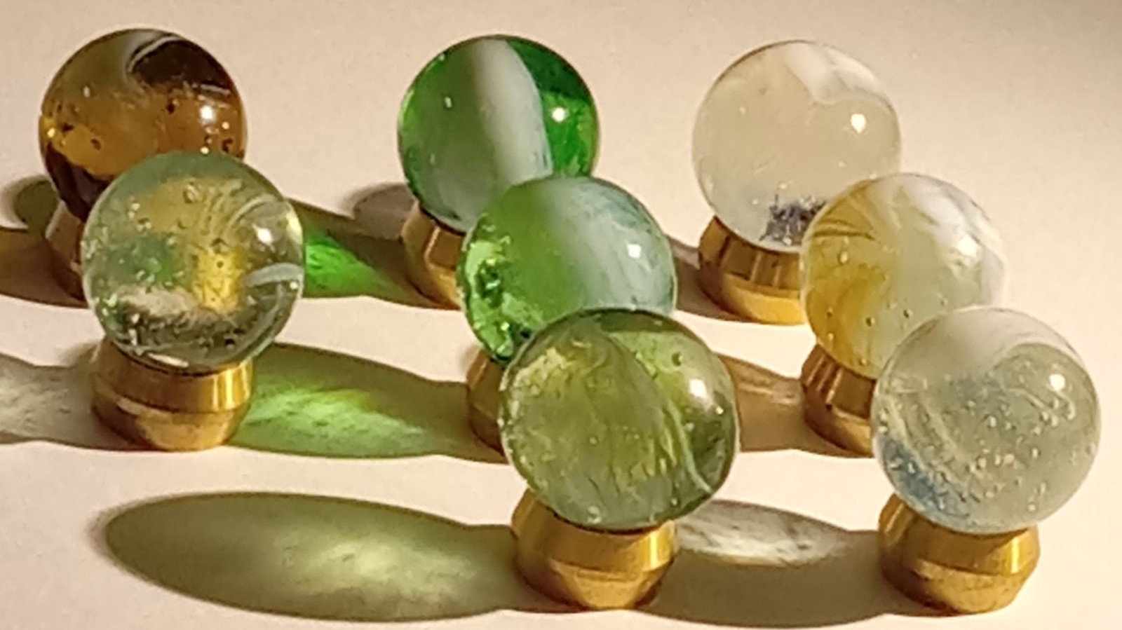 Lot of 8 Vintage Master Made Marbles – White Brushed Patch Striped Transparent