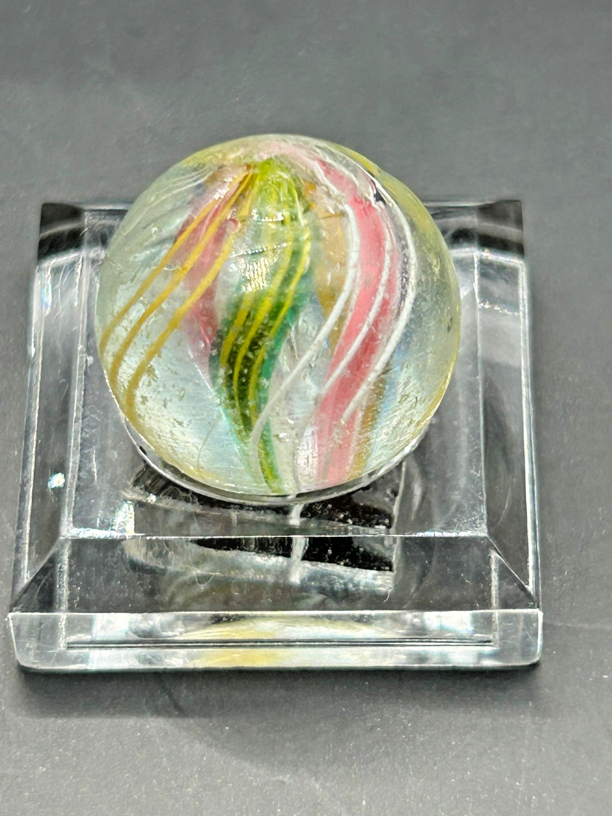 German Divided Core Latticino Swirl Marble 19/32″ NM+ Pink Yellow Green E1.29