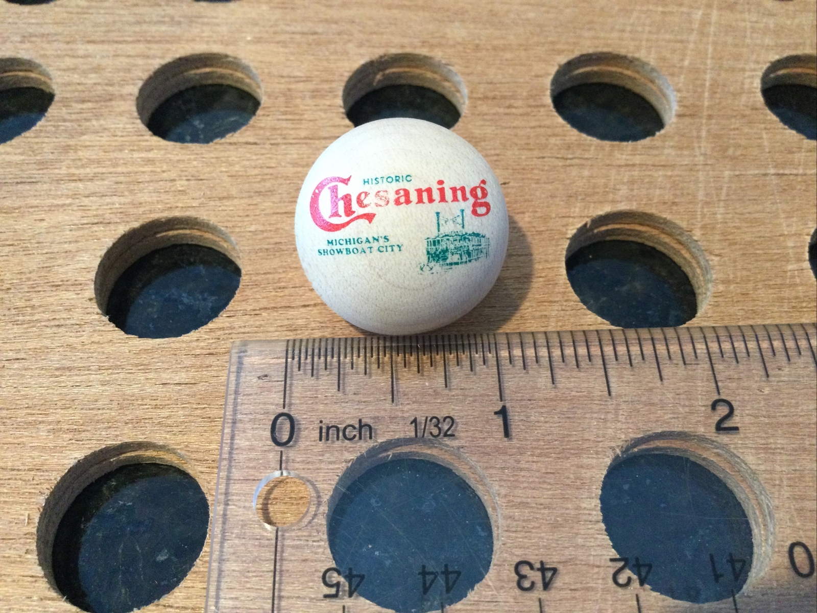 Vintage | “Chesaning Michigan’s Showboat City” Marble | Wood, Red, & Green