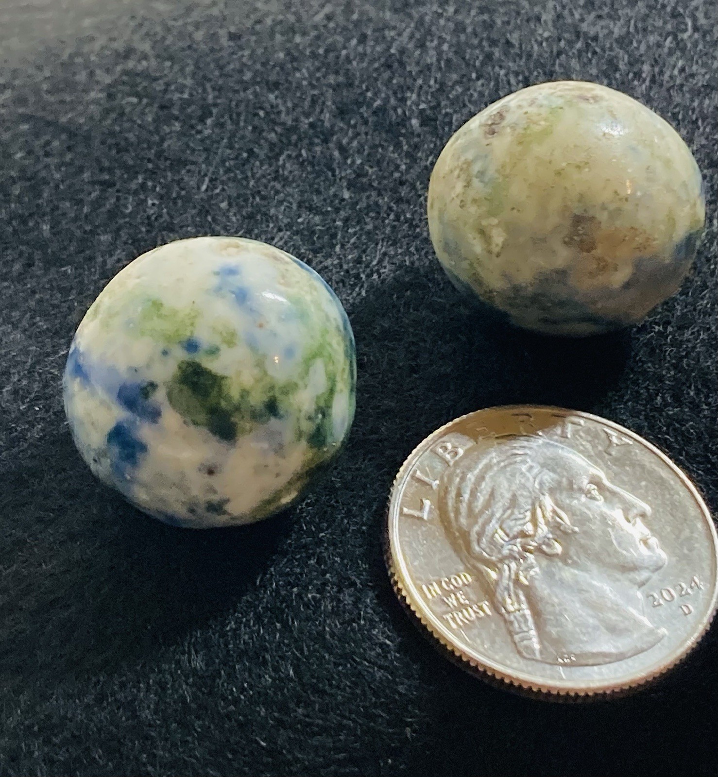 2 ANTIQUE VINTAGE BENNINGTON MARBLES FANCY MULTICOLORED 1800’s HANDMADE GLAZED