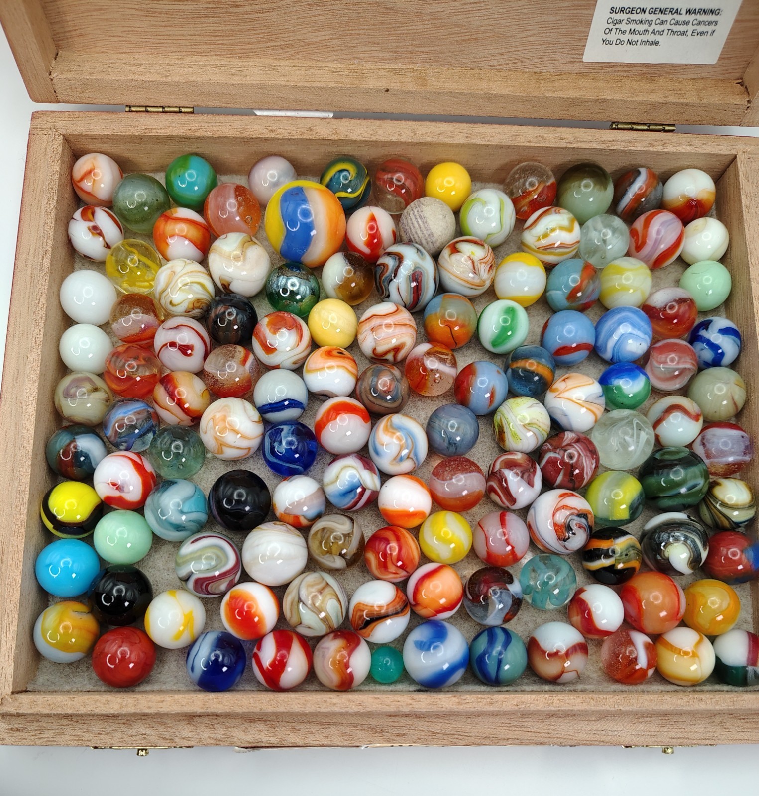 Cigar Box Full of Vintage Mixed Marbles Great variety all MINT