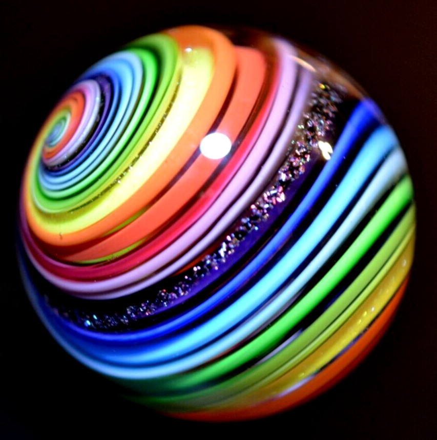 EDDIE SEESE GLASS MARBLE/1.783″-DICHROIC RAINBOW JOSEPH’S COAT-AVOCADO,LILAC,RED