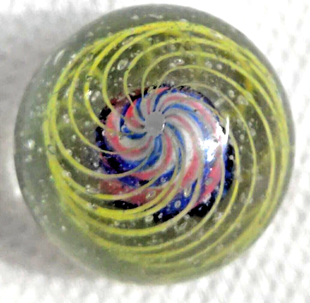 OLD 2 TOY MARBLES multi colored solid core caged 1 tri level ,2 blue base glass