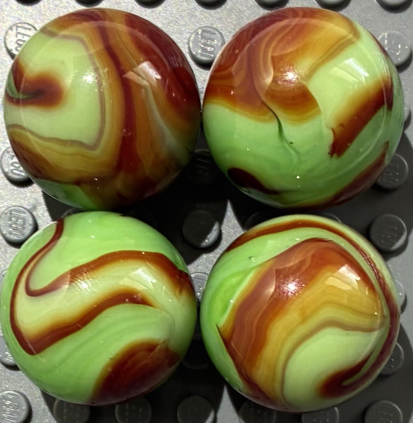 Vintage RARE Christensen Agate Red Flame Green Glass Shooter 7/8” Marble X 4